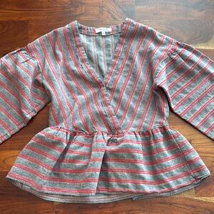 Madewell Striped Gray and Red Peplum Top